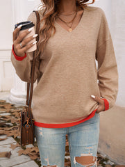 Contrast Color Long Sleeves Loose V-Neck Sweater Tops Pullovers