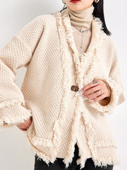 Buttoned Fringed Solid Color Long Sleeves Loose V-Neck Cardigan Tops