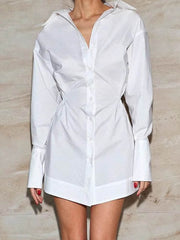 Buttoned Pleated Solid Color High Waisted Long Sleeves Lapel Shirt Dress Mini Dresses