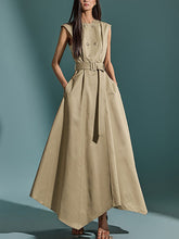 Belted Buttoned Pockets Solid Color A-Line High Waisted Round-Neck Maxi Dresses