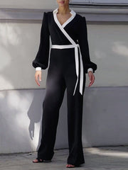 Contrast Color Tied Long Sleeves Loose Deep V-Neck Jumpsuits