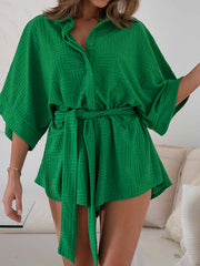 Bandage Solid Color Striped Loose Lapel Rompers