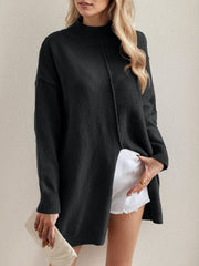 Solid Color Split-Front Split-Joint Long Sleeves Loose Mock Neck Sweater Tops