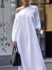 Long Sleeves Loose Solid Color One-Shoulder Maxi Dresses