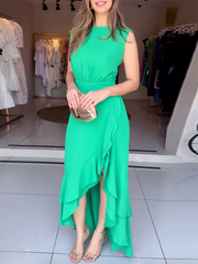 Solid Color Split-Front Skinny Sleeveless Stand Collar Maxi Dresses
