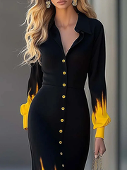 Long Sleeves Puff Sleeves Buttoned Gradient Printed Lapel Maxi Dresses Shirt Dress