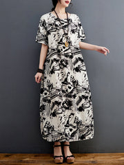 Abstract Printed Half Sleeves Loose Round-Neck Midi Dresses
