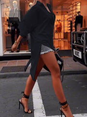 Buttoned Solid Color Zipper High-low Long Sleeves Lapel Blouses&shirts Tops