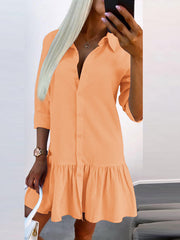 Buttoned Pleated Solid Color Split-Joint Long Sleeves Loose Lapel Shirt Dress Mini Dresses