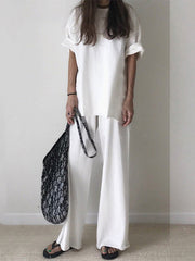 Loose Fringed Solid Color Split-Side Round-Neck Pants Set Two Pieces Set