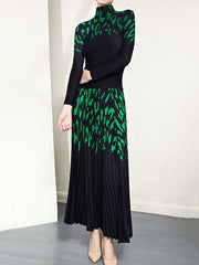 Printed Long Sleeves Mock Neck T-Shirt Top + Pleated A-Line Skirts Bottom Two Pieces Set