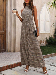 Elasticity Printed Split-Joint Loose Wide Leg Round-Neck Jumpsuits