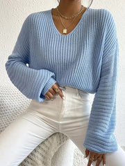 Solid Color Split-Joint Long Sleeves Loose V-Neck Sweater Tops Pullovers