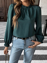 Elasticity Pleated Ruffle Trim Solid Color Long Sleeves Loose Mock Neck Blouses&Shirts Tops