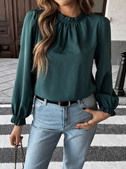 Elasticity Pleated Ruffle Trim Solid Color Long Sleeves Loose Mock Neck Blouses&Shirts Tops