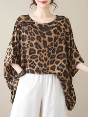 Leopard Batwing Sleeves Loose Round-Neck T-Shirts Tops