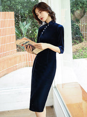Solid Color Velvet Banquet Split-Side Long Cheongsams