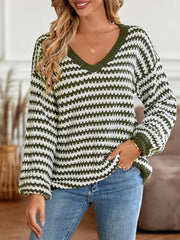 Striped Long Sleeves Loose V-Neck Sweater Tops Pullovers