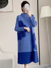 Original Long Sleeves Loose Contrast Color Pleated Beaded Stand Collar Midi Dresses