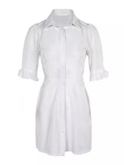 Buttoned Pleated Pockets Solid Color Split-Joint A-Line Flared Sleeves Lapel Shirt Dress Mini Dresses
