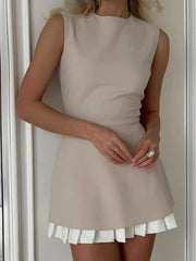 Pleated Solid Color Split-Joint Tiered Sleeveless Round-neck Mini Dresses