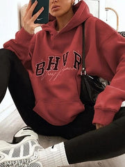 Keep Warm Letter Print Velvet Long Sleeves Loose Hooded Hoodies Tops
