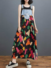 Contrast Color Pockets Printed Split-Joint A-Line Loose Spaghetti-Neck Maxi Dresses