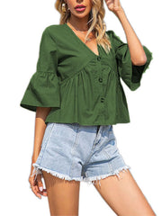 Buttoned Pleated Split-Joint Flared Sleeves Half Sleeves V-Neck T-Shirts Tops