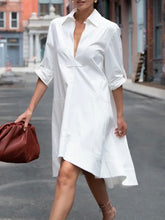 High-Low Long Sleeves Solid Color Lapel Midi Dresses Shirt Dress