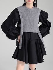 Ruffled Split-Joint Long Sleeves Loose Round-Neck Inner Mini Shirt Dress + Outer Vest Two Pieces Set