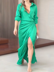 Long Sleeves Solid Color Split-Side Lapel Collar Maxi Dresses Shirt Dress