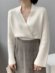 Asymmetric Solid Color Long Sleeves V-Neck Sweater Pullovers Knitwear