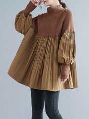 Pleated Split-Joint Long Sleeves Loose High Neck Sweater Tops