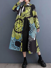Asymmetric Buttoned Printed Split-Joint A-Line Long Sleeves Lapel Shirt Dress Midi Dresses