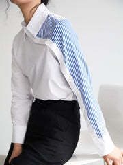 Long Sleeves Irregularity Striped Solid Contrast Color Lapel Collar Blouses