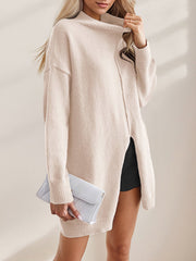 Solid Color Split-Front Split-Joint Long Sleeves Loose Mock Neck Sweater Tops