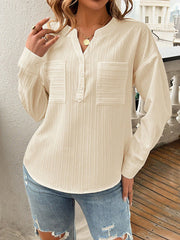 Buttoned Pockets Solid Color Long Sleeves Loose V-Neck Blouses&Shirts Tops
