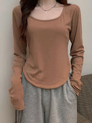 Solid Color Long Sleeves Skinny Square-Neck T-Shirts Tops