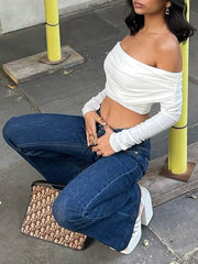 Pleated See-Through Solid Color Split-Joint Skinny Off-the-shoulder T-shirts