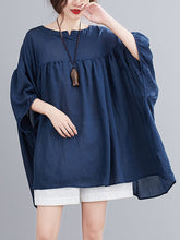 Pleated See-Through Solid Color Half Sleeves Loose Round-neck Blouses&shirts Tops