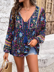 Contrast Color Elasticity Pleated Split-Joint Tied Long Sleeves Loose V-neck Blouses&shirts Tops