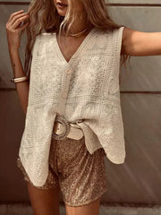 Buttoned Crochet Embroidered Loose Sleeveless V-Neck Vest Top