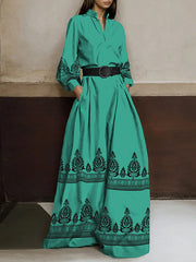 Buttoned Pleated Pockets Printed Long Sleeves Loose Stand Collar Jumpsuits