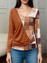 Asymmetric Buckle Contrast Color Pleated Split-Joint Irregularity Long Sleeves Round-Neck T-Shirts Tops