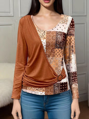 Asymmetric Buckle Contrast Color Pleated Split-Joint Irregularity Long Sleeves Round-Neck T-Shirts Tops