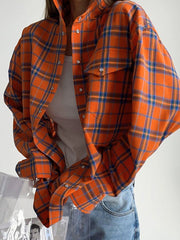 Buttoned Plaid Pockets Long Sleeves Loose Lapel Blouses&Shirts Tops