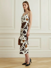 Contrast Color Cow Printed Split-Joint Bodycon Spaghetti-Neck Midi Dresses
