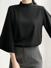 Solid Color Flared Sleeves Loose Stand Collar T-Shirts Tops