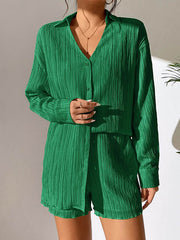 Loose Buttoned Long Sleeves Pleated Solid Color Lapel Shirts Top + Elasticity Shorts Bottom Two Pieces Set