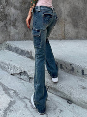 Stylish Multi-Pocket High-Waisted Split-Joint Jean Pants